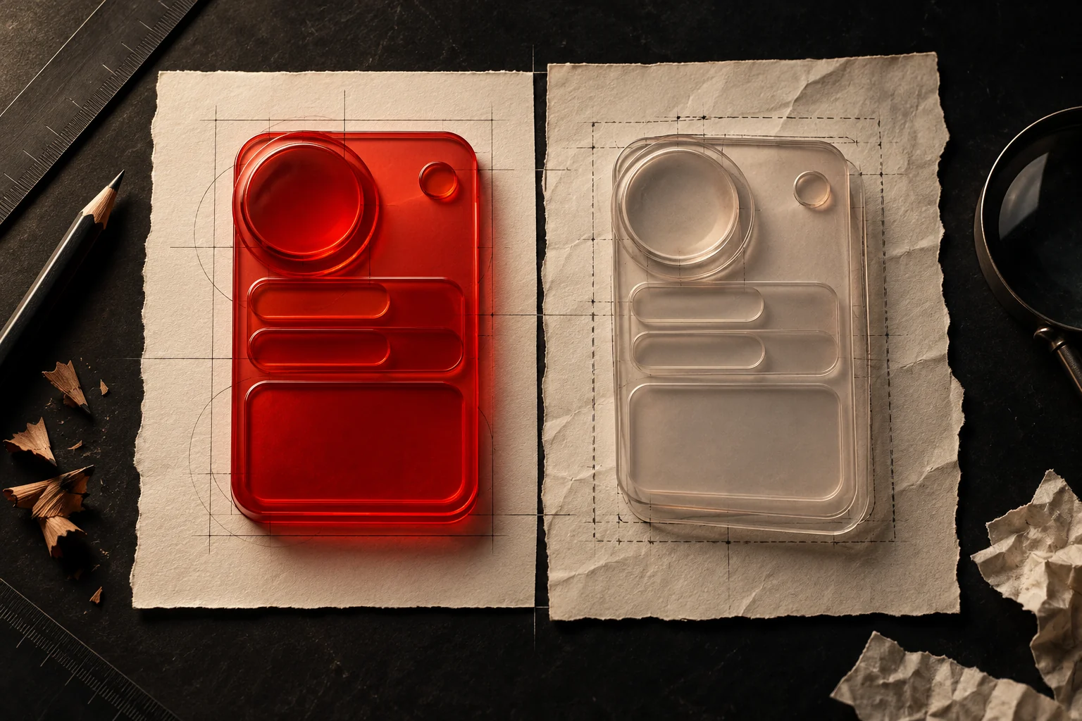 Editorial still life comparing a precise red interface form with a pale duplicate on marked paper.